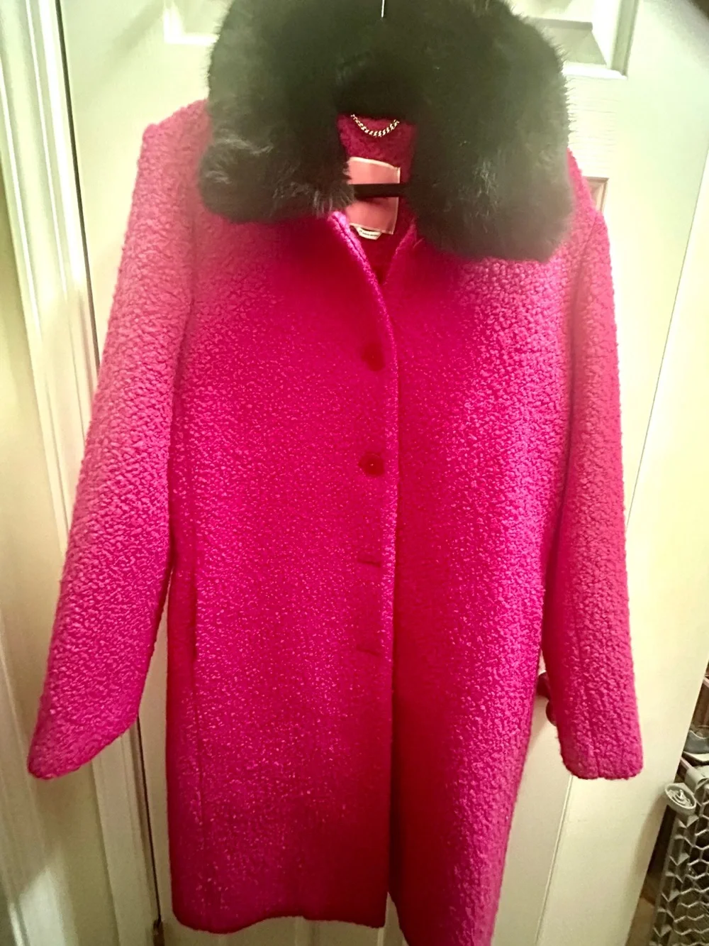 kate spade Hot Pink Pea Coat with Black Faux Fur Collar